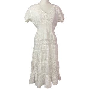 Beaded Embroidered Prairie Dress L JMB White Tiered Long Maxi Midi Boho